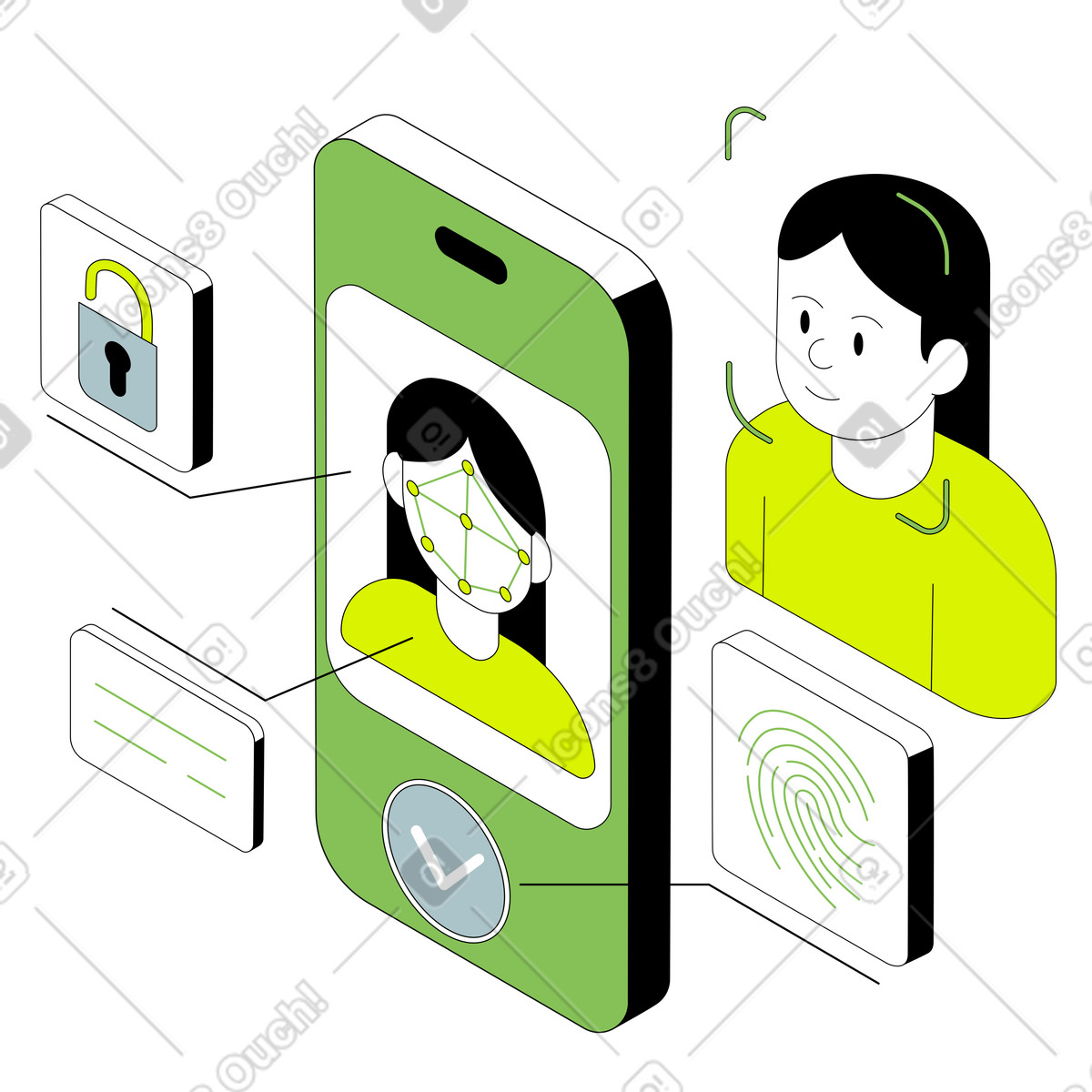 Ilustración animada Face scanning on smartphone, User authentication and privacy protection en estilo Isometric a descargar en GIF, Lottie (JSON), AE