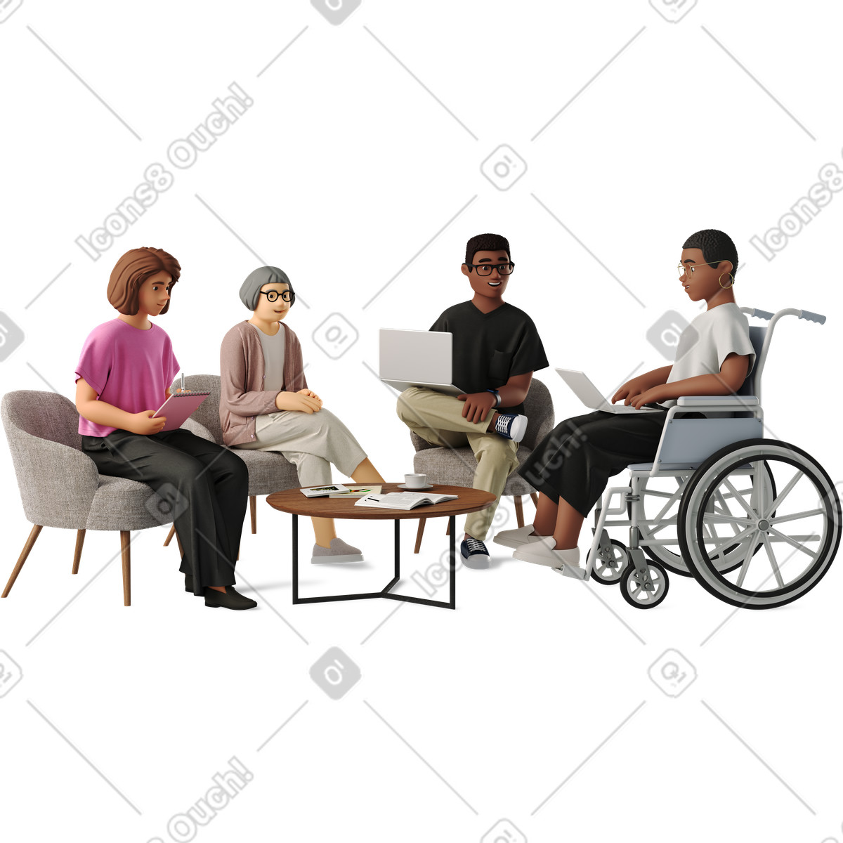 Ilustração de Four colleagues meeting at work em no estilo 3D Business para baixar em PNG, SVG