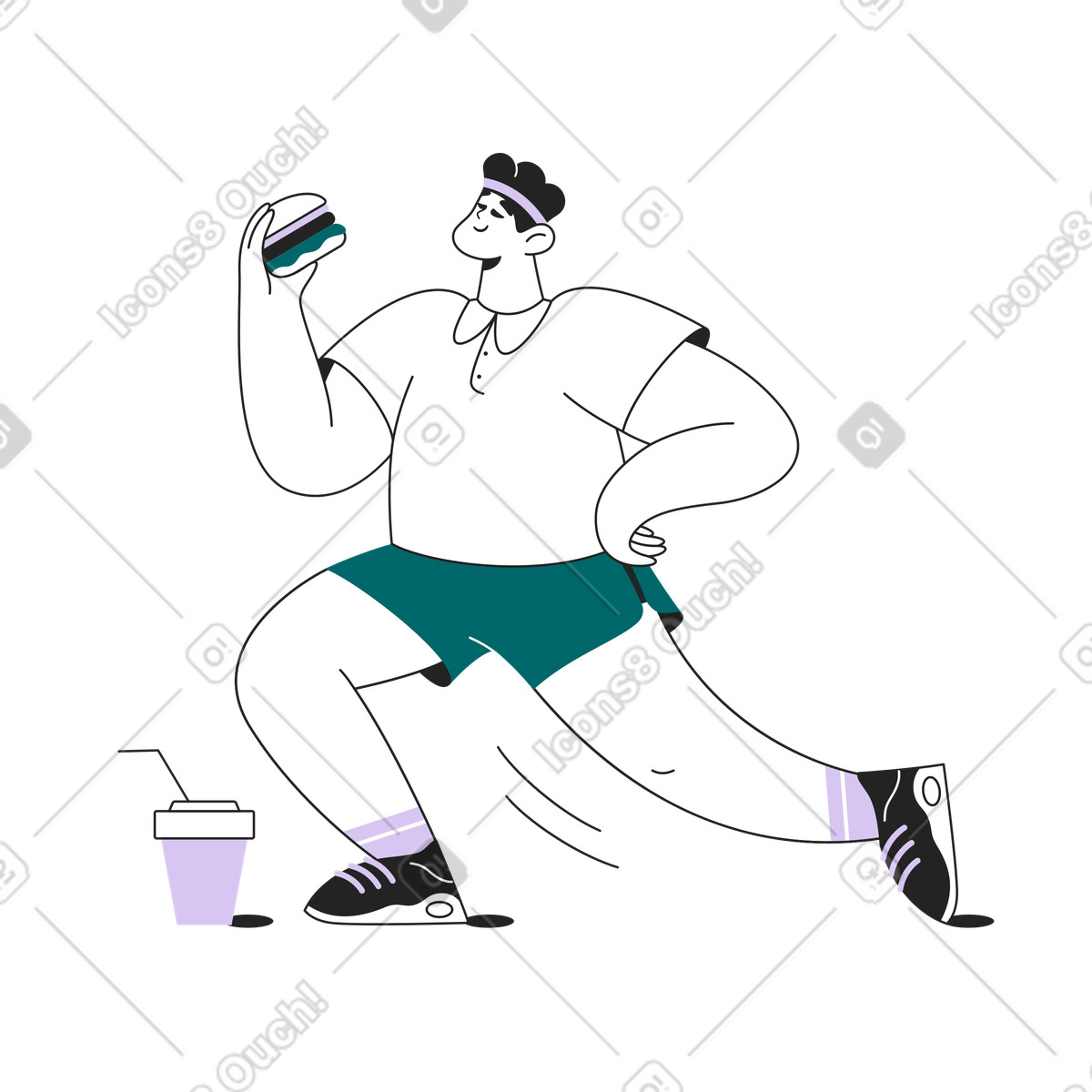 Illustration Homme mangeant un hamburger tout en faisant de l'exercice dans le style Sammy Line à télécharger aux formats PNG, SVG