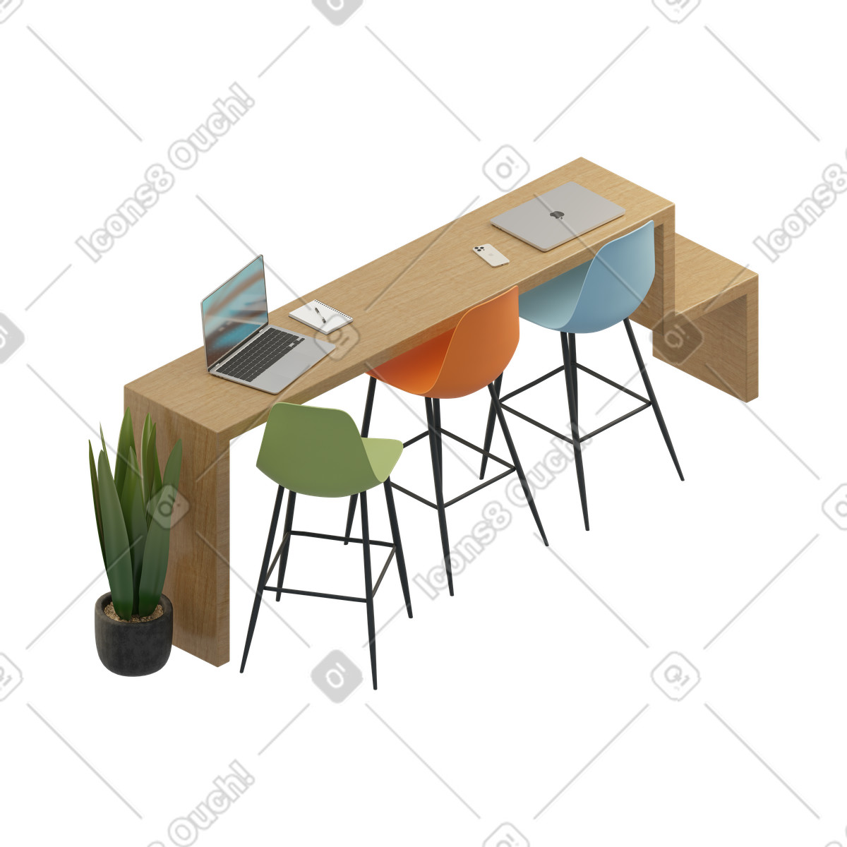 Tavolo da co-working isometrico con sgabelli bar illustrazione in stile 3D Rooms scarica in PNG, SVG