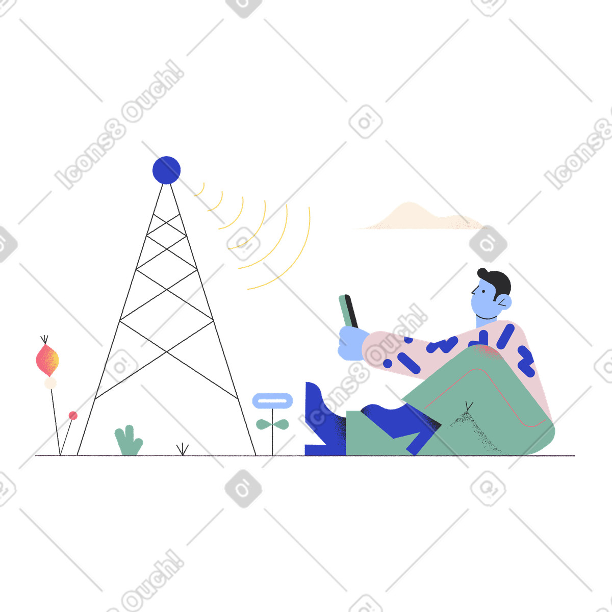 Man sitting with a phone and looking at a 5G tower illustration in PNG, SVG