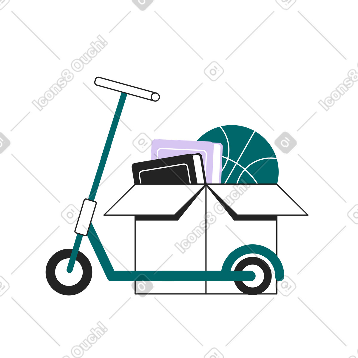 Иллюстрация Open box with children's items and scooter, Moving or decluttering, Kids' storage donation в стиле Sammy Line — скачать в форматах PNG, SVG