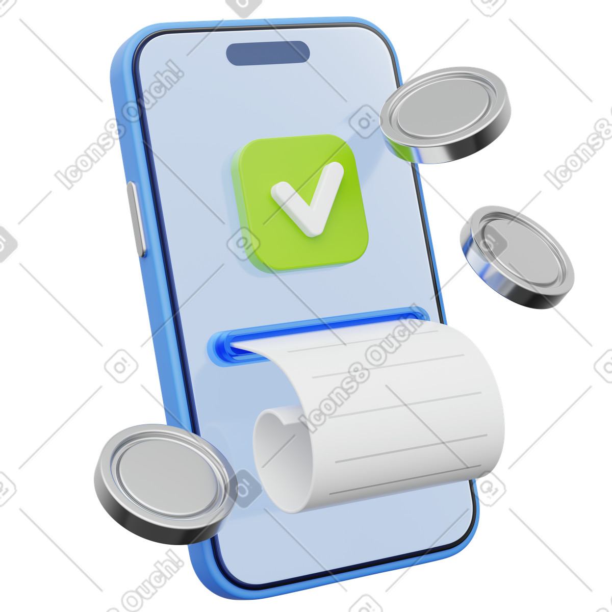 Mobile receipt verified, Smartphone with receipt and checkmark coin, Payment success symbol illustration in 3D Playful style download in PNG, SVG