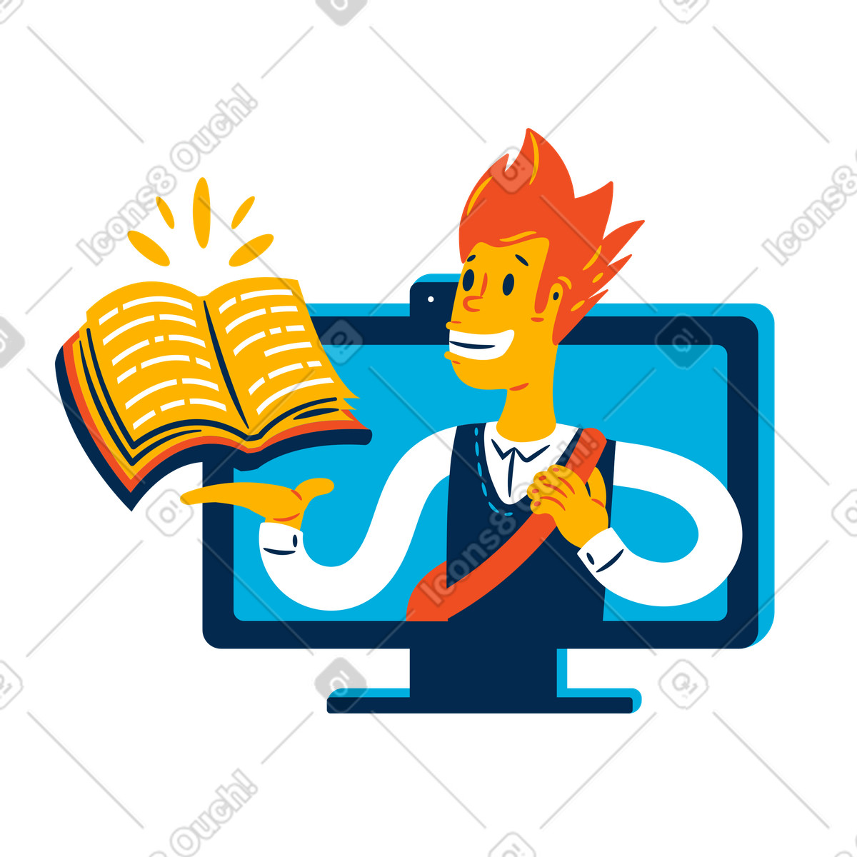 Male student with textbook studying online illustration in Flame style download in PNG, SVG