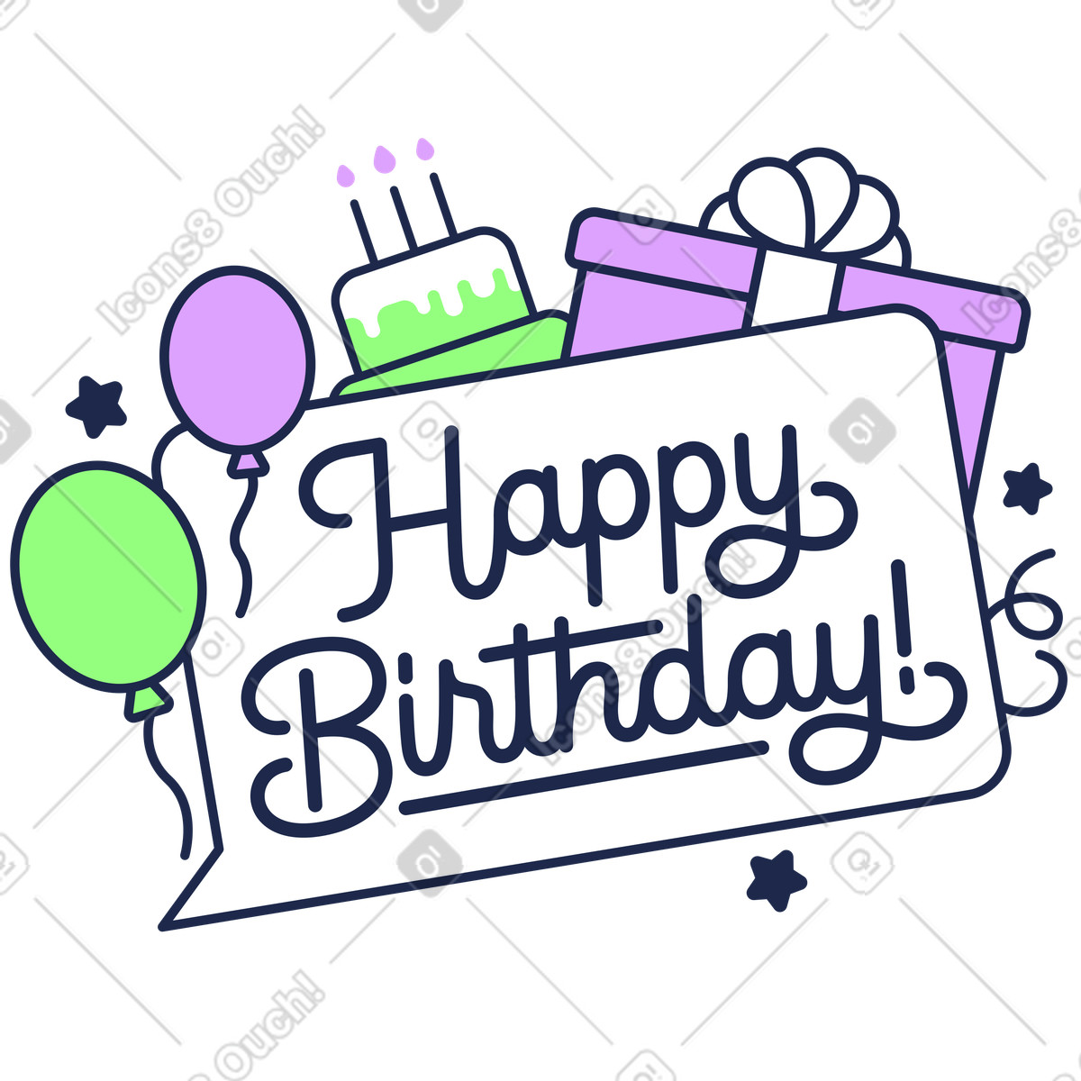 Outline 스타일의 Happy Birthday message surrounded by cake and presents, Greeting card or celebration announcement 일러스트레이션 PNG, SVG 다운로드