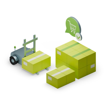 A forklift with stacked boxes and a shopping cart icon - 3D Isometric style illustration