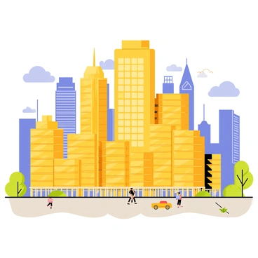 A cityscape featuring towering skyscrapers made of stacked golden bitcoins. The bitcoins are arranged to form the structure of the buildings, glistening in sunlight. The skyline is filled with various skyscrapers, each uniquely shaped with large windows, giving a modern aesthetic. The ground below is bustling with small cartoon cars and people walking on the sidewalks. A clear blue sky with a few fluffy white clouds completes the scene.