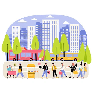 A bustling city filled with tall buildings and busy streets. People are walking on the sidewalks carrying shopping bags and chatting with each other. Colorful vehicles are moving along the road, including red buses and yellow taxis. Trees line the streets, providing splashes of green amidst the urban landscape. A bright blue sky with fluffy white clouds is visible above the city. Street vendors are selling food, adding variety to the scene with colorful stalls and delicious aromas. The atmosphere is lively with a sense of energy and movement.