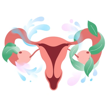 An illustration of the female reproductive system is depicted with detailed anatomical features, including the uterus, ovaries, and fallopian tubes. The reproductive system is intertwined with lush green leaves that wrap around the structures. Flowing water is incorporated, creating streams that meander through the composition, symbolizing life and vitality. Soft gradients of pastel colors enhance the natural elements, blending harmoniously with the anatomical depiction.