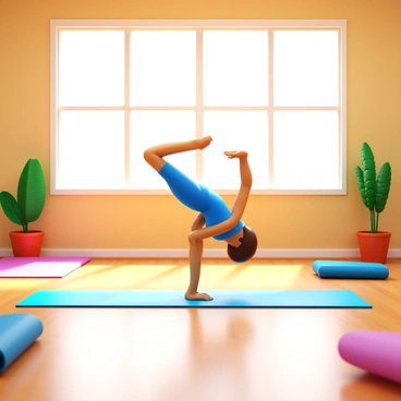 A person performing high knees while transitioning into a yoga pose in a calming studio. The individual is wearing comfortable athletic clothing, showcasing an engaged posture. Soft natural light filters through large windows, illuminating wooden flooring. Various yoga mats are neatly arranged around the room, and calming plants are placed in each corner. The atmosphere reflects focus and energy as the person combines dynamic movement with traditional yoga.