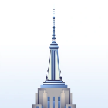 A close-up view of the antenna atop the Empire State Building is depicted. The antenna is sleek and silver, rising sharply above the iconic structure. Surrounding the base of the antenna are various support cables that add to the industrial look. The building's characteristic Art Deco design is visible beneath the antenna, showcasing the intricate details of its façade. The sky in the background is a soft gradient, transitioning from a pale blue at the horizon to deeper shades above, creating a contrast with the metallic structure.