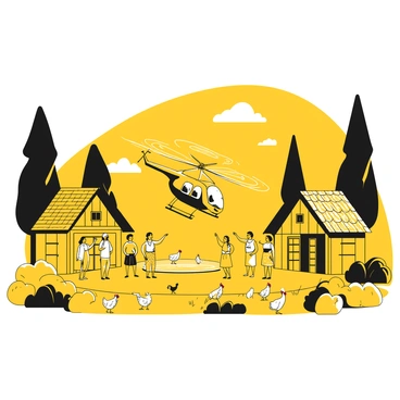 A helicopter pad situated in the center of a small, remote village surrounded by lush greenery and simple wooden houses. Several villagers, including men, women, and children, are gathered around the pad, wearing traditional clothing. Some villagers are pointing excitedly towards the helicopter, while others appear to be discussing among themselves. The helicopter is landing, creating a swirl of dust that rises around the pad. Nearby, a few chickens roam freely, adding to the village atmosphere. In the background, tall trees frame the scene, enhancing the sense of seclusion.