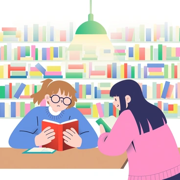 Kaede and Suzu are seated at a wooden table in a library filled with stacks of colorful books. Kaede has light brown hair tied in a ponytail and is wearing a blue sweater. She is reading a red book while wearing round glasses that sit low on her nose. Suzu, with long, straight black hair, is leaning over a green book with a smile, dressed in a pink cardigan. The background showcases multiple shelves overflowing with books in various sizes and vibrant colors, creating a lively atmosphere. A warm glow from an overhead lamp illuminates the scene, highlighting their focused expressions as they share a moment of discovery.