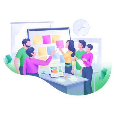A modern pastel illustration featuring a group of five colleagues actively discussing ideas. They are gathered around a large whiteboard filled with colorful sticky notes in various shades of pink, yellow, and blue. Each colleague is engaged, with one person pointing at a sticky note while another takes notes on a notepad. The room is bright and well-lit, with a few indoor plants in the background, and a table holding markers and additional sticky notes nearby.