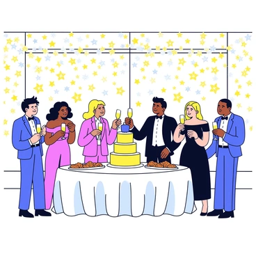 A glamorous New Year's Eve reception taking place in a spacious room filled with sparkling decorations. The walls are adorned with shimmering gold and silver streamers, creating an elegant atmosphere. Guests are dressed in formal attire, with women in long evening gowns and men in tuxedos. They are holding glasses of champagne, some toasting and others engaged in lively conversation. A large, beautifully decorated table displays an array of appetizers and a towering tiered cake. Twinkling fairy lights hang from the ceiling, adding to the festive ambiance.