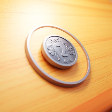 A metal coin spinning on a wooden tabletop. The coin reflects light as it catches the sun, displaying intricate engravings on both sides. The tabletop has a smooth, polished surface with visible wood grain patterns. Small shadows are cast around the coin, indicating the movement and motion of the spin.