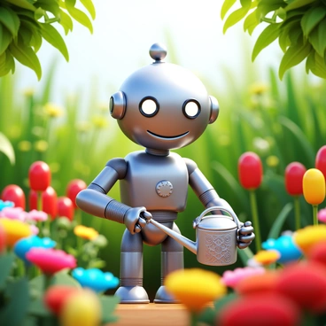 A friendly robot with a shiny metallic surface is watering colorful flowers in a vibrant garden. The robot has expressive eyes and a gentle smile, holding a watering can with intricate designs. Surrounding the robot are various flowers in bright hues of red, yellow, and blue, while greenery and plants fill the background, creating a lively atmosphere. Sunlight filters through the leaves, adding warmth to the scene.