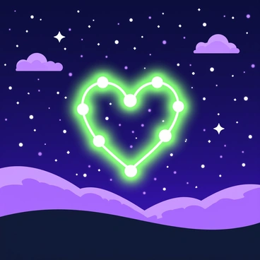 A heart-shaped constellation is glowing brightly in a clear night sky filled with countless stars. The constellation features distinct points of light that outline the heart shape, creating a striking visual contrast against the deep expanse of the night. Below the constellation, there is a silhouette of rolling hills, adding depth to the scene. The sky is free of clouds, allowing for a clear view of the celestial arrangement. In the upper corners of the image, a few soft, wispy clouds are visible, enhancing the tranquility of the night.
