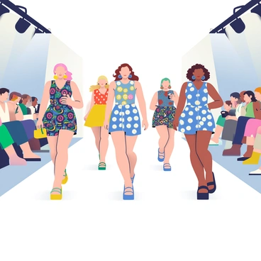 A fashion show runway is set up with bright lights illuminating the scene. Several models are confidently walking down the catwalk, showcasing Zimmermann's latest collection of buttoned mini dresses. Each dress features unique patterns and vibrant colors, with intricate button detailing along the front. The models have diverse hair styles, including wavy, straight, and curly looks, complemented by stylish accessories such as large earrings and trendy handbags. The audience in the background is seated and watching intently, with some holding cameras to capture the moment. The atmosphere is lively and exciting as the models pose at the end of the runway.