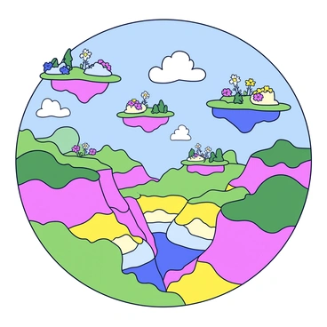 A landscape with multiple floating islands suspended in the sky. Each island features lush greenery, colorful flowers, and unique rock formations. The background displays a bright blue sky with fluffy white clouds. Below, a deep valley is visible, filled with a variety of vibrant colors, including shades of green, pink, and yellow. Sunlight casts soft shadows across the scene, enhancing the vividness of the colors.