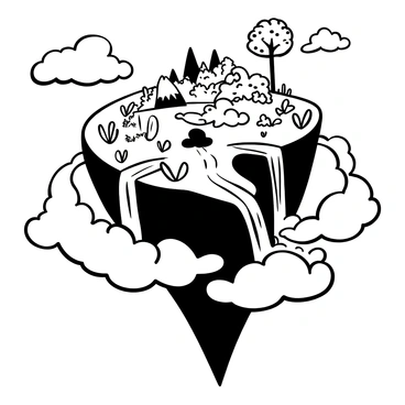 A large, detailed island suspended in the air, surrounded by fluffy clouds. Waterfalls spill from the edges of the island, flowing down into the clouds below. Lush vegetation covers the surface of the island, with tall trees and vibrant plants. Large rocks and cliffs are visible along the edges, creating a dramatic landscape. Mist rises from where the waterfalls meet the clouds, adding depth and texture to the scene.