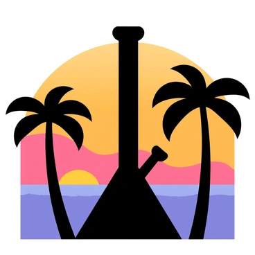 A black silhouette of a bong is positioned prominently in the center of the image. In the foreground, there are several tall palm trees gently swaying. The background features a vibrant sunset with hues of orange, pink, and purple blending together in the sky. The sun is partially visible, casting a warm glow over the scene. The overall composition highlights the silhouette of the bong against the stunning colors of the sunset.