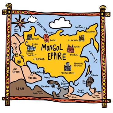 A detailed ancient-style map showing the vast expanse of the Mongol Empire under Genghis Khan. The map features intricate borders and decorative elements, such as dragons and clouds. It includes labeled regions, with "Mongol Empire" prominently displayed at the center. Major cities are marked with small illustrations of castles and fortresses. Various terrains like mountains, rivers, and deserts are represented with distinct textures and colors, showcasing the diverse landscape. A compass rose is located in one corner, and the map has a weathered parchment appearance, adding to its historical authenticity.