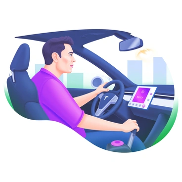 A modern pastel illustration features "Elon Musk" sitting behind the wheel of a "Tesla Model S." He has a focused expression on his face as he drives. The interior showcases a "futuristic dashboard" with sleek designs, bright displays, and touch controls. The steering wheel is equipped with advanced technology buttons, and there are ambient lights illuminating the cabin. Outside the car's windows, there are hints of a modern cityscape in the background.