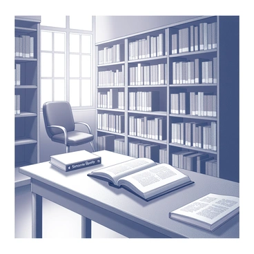 A library filled with tall bookshelves lined with various books. In the foreground, a wooden table holds an open biography of "Simone Veil," the pages slightly turned as if someone has just read them. There are several other books scattered around the table, some stacked and others lying open. A soft, warm light filters through a window, casting gentle shadows on the floor. A single reading chair is positioned nearby, inviting readers to settle in with a book. The atmosphere is tranquil, with no people present, creating a sense of solitude and reflection.