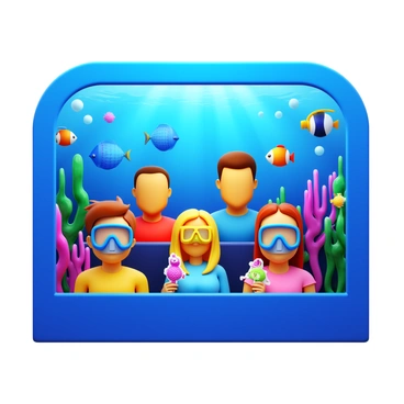 An underwater-themed photobooth featuring vibrant coral reefs. Guests are wearing colorful scuba gear, including masks and fins. Some guests are holding various fish props, such as clownfish and seahorses. The booth backdrop displays an array of marine life, with bubbles rising and light rays filtering through the water.