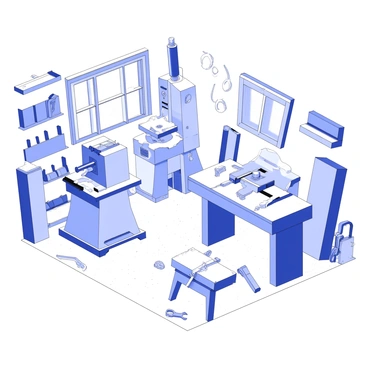 A woodworking shop filled with sawdust-covered tools. In the center, a lathe stands prominently, surrounded by wood shavings. Next to it, a planer is positioned on a sturdy workbench, its surface slightly cluttered with various pieces of wood. Several clamps are attached to the edges of the workbench, holding a project in place. Along the walls, shelves are lined with neatly arranged hand tools and wooden boards. The floor is scattered with a layer of sawdust, indicating recent use of the workspace. Sunlight filters in through a window, casting shadows on the tools and surfaces.