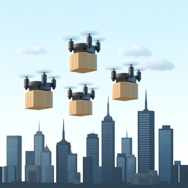 A fleet of drones flying in formation across a city skyline during the day. Each drone is sleek and modern, with four propellers and a compact design. They are carrying small cargo packages, which are securely attached underneath each drone. The city skyline features tall buildings with glass facades and antennas, creating a dynamic urban backdrop. The sky is clear, with a few scattered clouds.