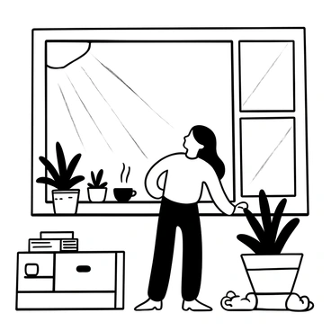 A girl standing by a large window, gazing out into the distance. Sunlight streams through the window, casting a soft glow around her. She has long, flowing hair that gently falls over her shoulders. On the windowsill, there are several potted plants, adding a touch of nature. The room contains a few books stacked on a small table nearby, along with a steaming cup. Light shadows play across the floor, creating an atmosphere of tranquility.