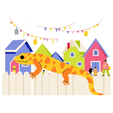 A crested gecko with vibrant orange and yellow patterns is perched on a wooden fence. The background features a lively village setting with quaint, colorful houses in shades of blue, pink, and green. Various festival lights in red, blue, and yellow twinkle overhead, illuminating the scene. Small decorations like paper lanterns and streamers hang between the houses, adding to the festive atmosphere. A few villagers in traditional attire can be seen in the background, contributing to the lively mood of the village during the festival.