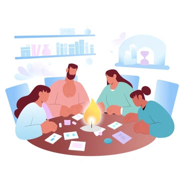 A family is gathered around a wooden table, engaged in playing board games. The table is covered with various game pieces and cards, and a large candle sits in the center, casting a warm glow over the scene. The room is filled with soft shadows, creating a cozy atmosphere. The family members are leaning in towards the table, showing enthusiasm and engagement in their game. In the background, there are shelves lined with books and small decorative items, adding to the homely feel of the environment.