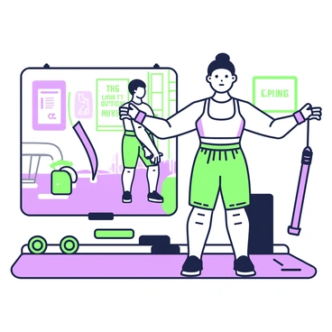 A gym scene features a gym-goer in mid-Pallof press pose. The person is standing with feet shoulder-width apart, facing forward, with a determined expression. They hold a resistance band anchored to the side, arms extended, showcasing the strength required for the exercise. In the background, various gym equipment like weights and exercise mats are neatly arranged. A mirror reflects the activity and adds depth to the scene. The floor is made of rubber tiles, and motivational posters are visible on the walls.
