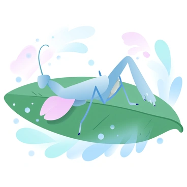 An orchid mantis is resting on a large green leaf. The mantis has a body that mimics the appearance of an orchid flower, with delicate pink and white patterns. Around the mantis, there are several small droplets of morning dew glistening in the light, reflecting the surrounding greenery. The leaf has a smooth texture, and the background features soft hints of other leaves and plants in a gradient of pastel colors.
