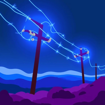 A high-voltage power line stretches across the scene, towering above the landscape. The power line is flanked by sturdy wooden poles with metal fittings. Surrounding the power line is a vibrant, glowing energy field that pulsates with bright shades of blue and purple. The energy field emits a soft light, illuminating the area around it, creating contrasting shadows on the ground. The sky is a deep twilight blue, adding to the overall ambiance of the scene. Small sparks of electricity dance along the wires, enhancing the dynamic visual effect of the glowing energy.
