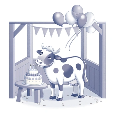 A cow standing inside a barn, decorated for a birthday celebration. The cow has a joyful expression, with balloons floating above it in a variety of shapes. A large cake, adorned with candles, is placed on a wooden table nearby. The barn interior features wooden beams and hay scattered on the floor, adding to the festive atmosphere. The cow appears to be surrounded by colorful decorations, creating a cheerful scene.