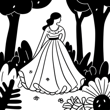 A figure in a flounce gown stands gracefully among tall trees, with intricate patterns on the fabric of the gown flowing with the gentle breeze. The gown has layers that cascade elegantly around the figure, creating movement. Surrounding the figure are various types of vegetation, including ferns and large leafy plants, creating a rich and dense atmosphere. Sunlight filters through the treetops, casting dappled shadows on the ground and highlighting the textures of the leaves and the gown. "Nature's Embrace" is subtly integrated into the scene, surrounded by delicate floral elements.