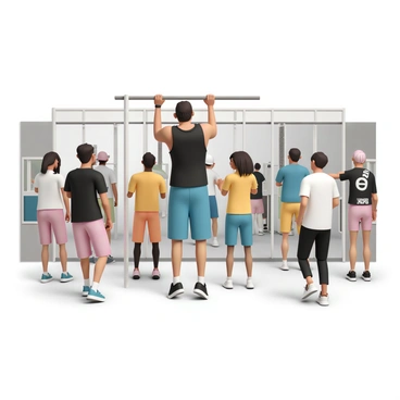 A fitness instructor, wearing a black tank top and blue shorts, is standing in front of a class of diverse individuals. The instructor is demonstrating a wide grip pull-up, with arms extended and feet off the ground, showcasing strength and control. Some class members are following along, attempting the exercise on their own pull-up bars. The instructor is pointing out the correct form, while a few individuals are using different grip variations, such as chin-ups and neutral grip pull-ups. The environment is a bright gym with mirrored walls and fitness equipment in the background.