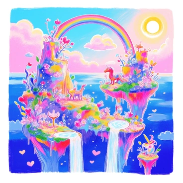 A whimsical fantasy landscape features several floating islands, each covered in lush greenery and colorful flowers. Waterfalls cascade from the edges of these islands, creating streams that shimmer as they fall into the air below. Various magical creatures, such as a dragon with iridescent scales and a unicorn with a spiraled horn, are scattered throughout the scene. In the sky, fluffy clouds drift lazily by, and the sun casts a warm, golden glow over the entire setting. A vibrant rainbow arches across the scene, adding to the enchanting atmosphere.