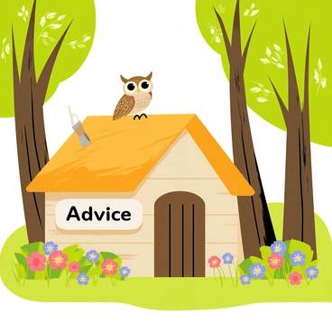 A small wooden hut with a thatched roof is nestled among tall, green trees in a dense forest. The hut has a sign that reads "Advice" in bold letters above the door. Perched on the roof of the hut is a wise-looking owl with large, expressive eyes and intricate feather patterns. The surrounding area features a lush carpet of grass and colorful wildflowers, with dappled sunlight filtering through the leaves of the trees.
