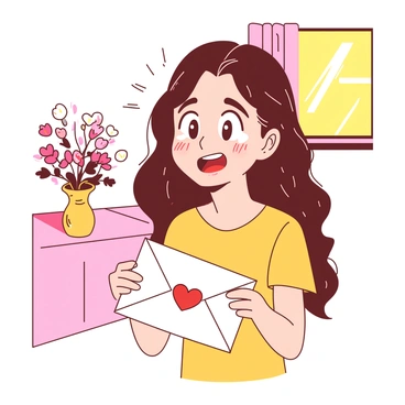 A character with wavy brown hair is holding an envelope in their hands, visibly shaking with emotion. The envelope is white with a red heart sticker sealing it. As they open the letter, tears of joy stream down their cheeks, reflecting light. The character's eyes are wide with anticipation, and a smile is breaking through the tears. In the background, there is a softly lit room with a small table adorned with a yellow vase holding fresh flowers. Sunlight streams through the window, casting a warm glow on the scene.
