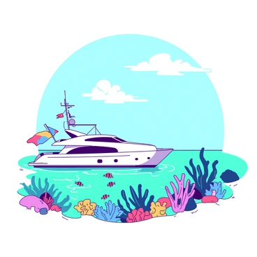 A white yacht is anchored in clear turquoise water. The yacht has several colorful flags fluttering from its mast. Surrounding the yacht is a vibrant coral reef, showcasing various shapes and sizes of coral formations. Brightly colored tropical fish swim gracefully among the corals, adding movement to the scene. Above, the sky is a soft blue, dotted with a few fluffy white clouds. The sunlight reflects off the water, creating glimmers of light on the surface.