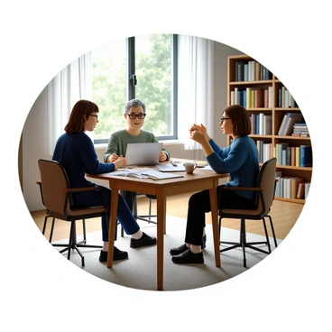 A writing coach with short gray hair and glasses is sitting at a wooden desk, reviewing a manuscript page. The desk has scattered papers, a laptop, and a cup of coffee. The aspiring author, a young woman with long brown hair and wearing a blue sweater, is seated across from the coach, looking attentive. She has a notepad and a pen in her hands, ready to take notes. The room is filled with bookshelves lined with various books and a large window letting in natural light. The atmosphere is focused and collaborative.
