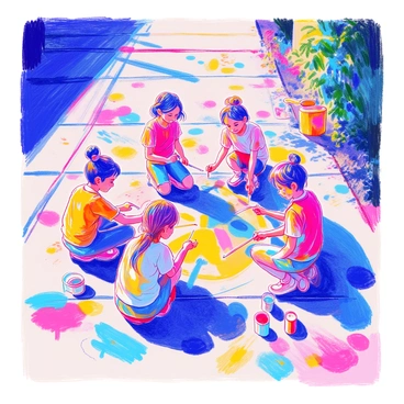 A group of children and adults is gathered together on a sunlit sidewalk. They are working collaboratively to paint a large "peace symbol" on the concrete surface. The adults are assisting the children, holding paintbrushes and guiding their hands. Various colors of paint are spread across the sidewalk, with bright hues of blue, yellow, and green being used. Some children have splatters of paint on their clothes and faces, showing their excitement. Nearby, paint cans and brushes are scattered around, and a few finished sections of the symbol showcase intricate designs. The scene is filled with joy and creativity, capturing a moment of community engagement.