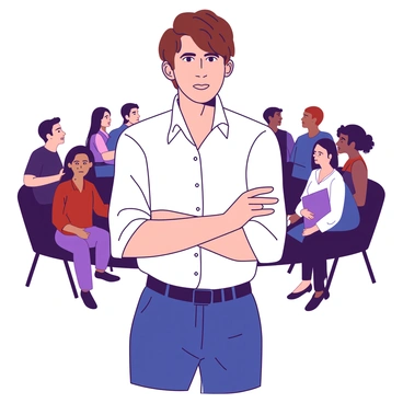 A person with a determined expression is standing with crossed arms in the center of the frame. The individual has short brown hair and is wearing a white button-up shirt and navy blue trousers. Their posture is assertive, signaling confidence amid the intensity of the debate. In the background, a blurred group of diverse individuals can be seen, some appearing engaged and others looking skeptical. The lighting highlights the person's facial features, emphasizing the seriousness of the discussion.