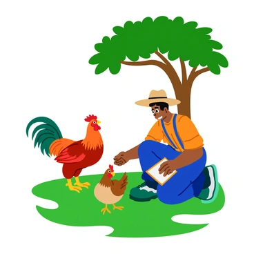 A farmer with a straw hat is examining a colorful rooster and a plump hen for breeding. The rooster has vibrant red feathers and an iridescent green tail, while the hen is a soft brown with speckles. They are standing on a patch of green grass beneath a large leafy tree that provides shade. Sunlight filters through the leaves, casting dappled shadows on the ground. The farmer is crouched down, holding a notebook in one hand and gently reaching out towards the hen with the other, showing a look of focus and care.