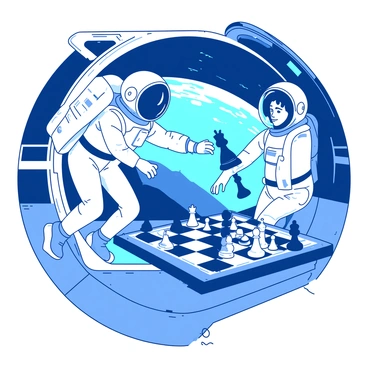Two astronauts in sleek white space suits are floating in a zero gravity environment inside a space station. They are positioned on either side of a transparent chessboard that hovers between them, with chess pieces neatly arranged on the board. One astronaut is reaching out with a gloved hand to move a black knight, while the other astronaut watches intently, a thoughtful expression on their face. The interior of the space station is filled with various scientific equipment and controls, softly illuminated by white and blue lights. In the background, a large window reveals the beauty of Earth's atmosphere outside, showcasing shades of blue and white against the dark expanse of space.